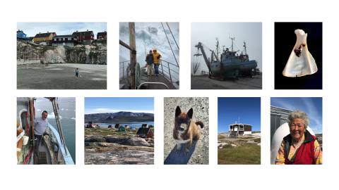 Contact sheet of Ilulissat harbor, boats, residents, buildings, and coastal landscape