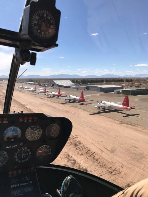 View from a helicopter cockpit over the White Sands airfield